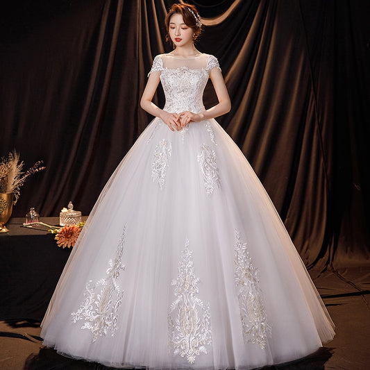 Classic O Neck Short Sleeve Wedding Dress Shining Sequins Wedding Gown Plus Size Lace Bridal Dress Vestido De Noiva Robe Mariage