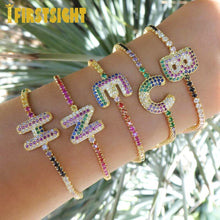 Load image into Gallery viewer, Classic 26 Initial Charm Bracelet With Rainbow Cz Stone Paved Adjust Colorful Cz Tennis Bracelet Bangle With Letter Name Cz
