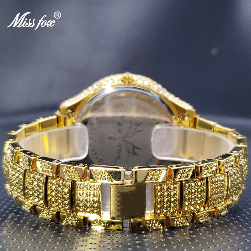MISSFOX 18K Diamond Leopard Men Watches Top Brand Luxury Hip Hop Fashion Quartz Watch Ice Out Jewelry Accessories Wholesale