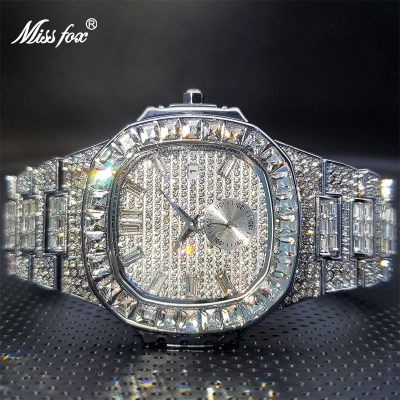Men&#39;s Diamond Watch with Double Dial MISSFOX Classic Square Ice Out Large Men Wristwatch Waterproof Wholesale Froze Bijoux Homme