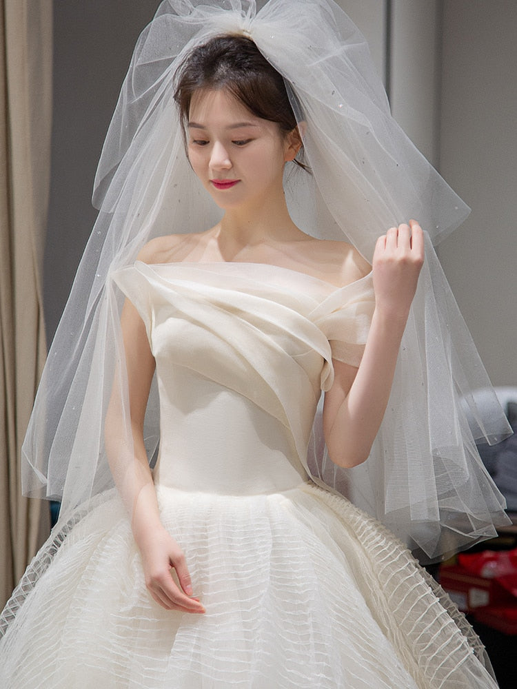 Simple Off The Shoulder Light Ball Gown Tulle Wedding Dress