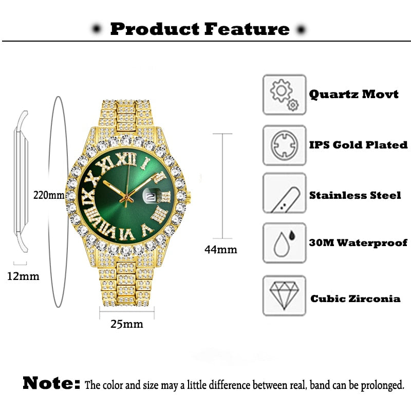 18K Gold Men Watch with Green Dial Big Diamond Bezel Luxury Business Hip Hop Trend Couple Quartz Watches Calendar Dropshipping