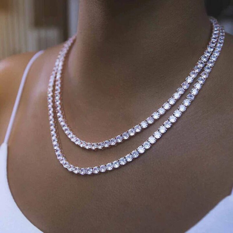 Iced Out Bling AAA Zircon 1 Row Tennis Chain Necklace Rose Gold Silver Color 5mm CZ Charm Choker Men Women Hip hop Jewelry