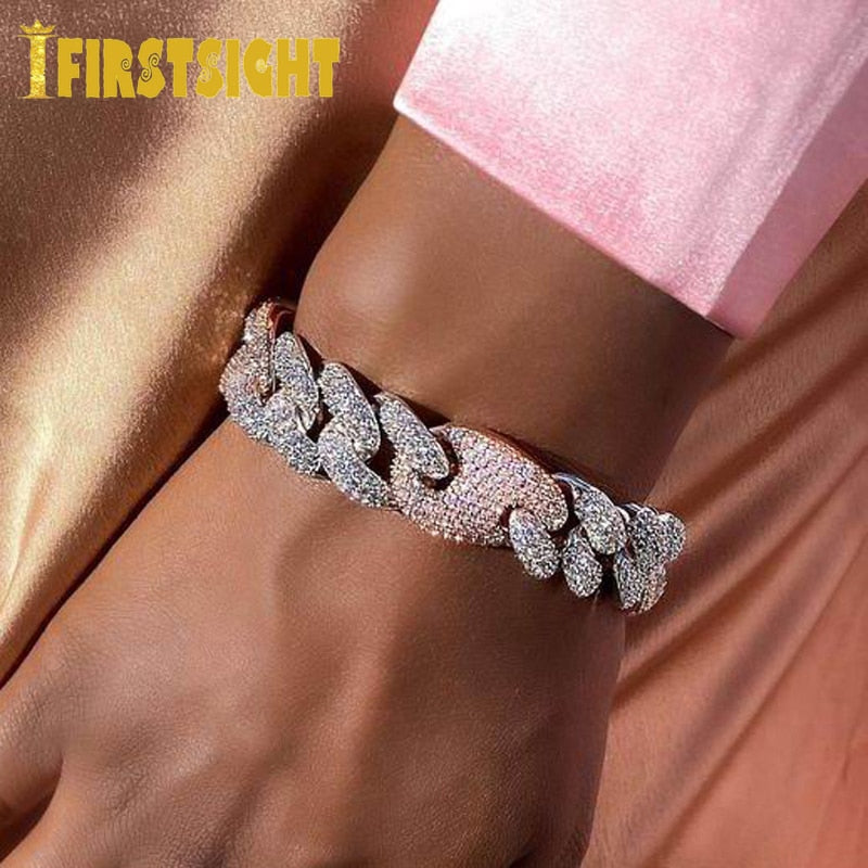 Two Tone Color 15mm Lock Clasp Miami Cuban Chain Bracelet AAA Bling Cubic Zirconia Charm Bracelet Hip Hop Rock Women Men Jewelry