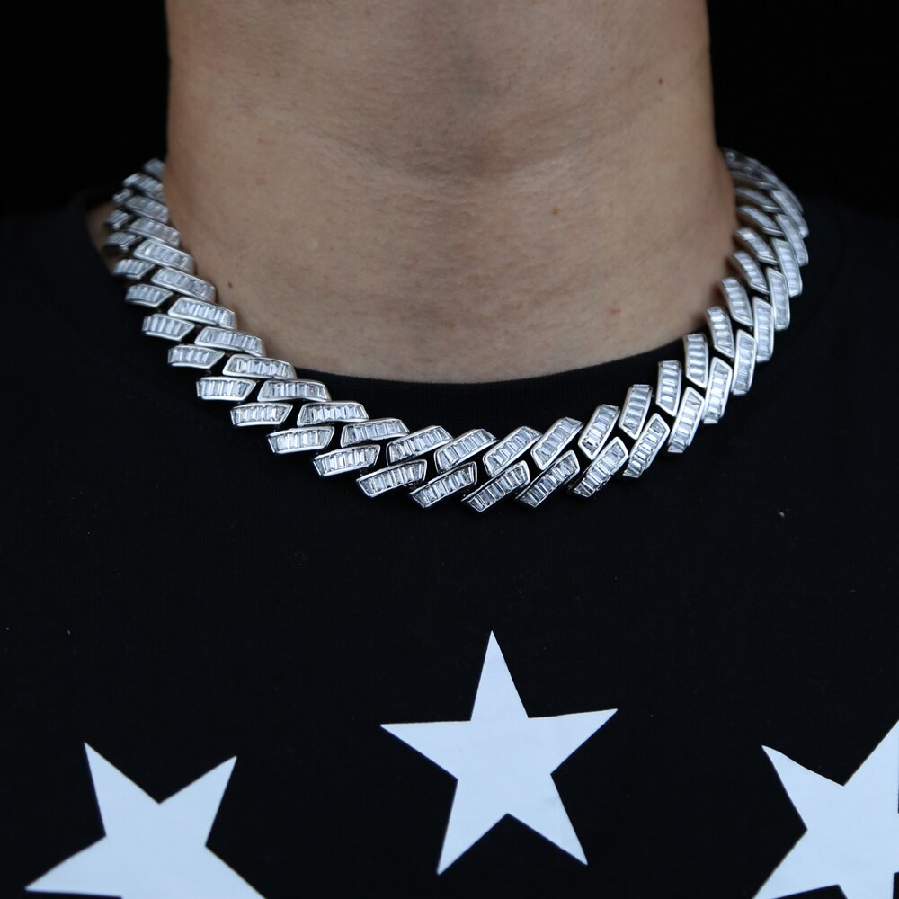 New 19mm Silver Color Baguette Prong Cuban Link Necklace Luxury Bling CZ Women Men Choker Hip Hop Rock Fashion Jewelry