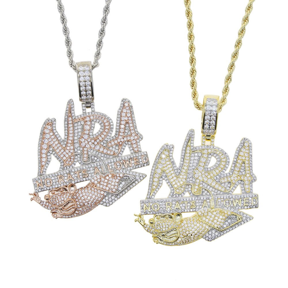 Bling Cubic Zirconia Letter NO RATS ALLOWED A Pendants Necklaces Two Tone Color NRA Charm For Men Women Hip Hop Jewelry