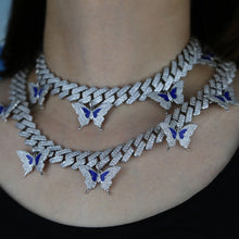 Load image into Gallery viewer, Bling Blue Enamel CZ Butterfly Pendant Necklace Miami Cuban Link Chain Butterflys Choker Hip hop Women Jewelry
