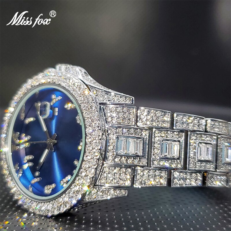 Relojes Para Hombre Marca de Lujo MISSFOX Iced Out Watch for Man Luxury Accessories Diamond Bracelet Blue Red Black Watches 2021