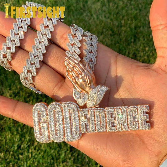 New Bling Cubic Zirconia Iced Out Praying Hands Pendants Necklaces CZ Letter GOD FIDENCE Charm For Men Women Hip Hop Jewelry