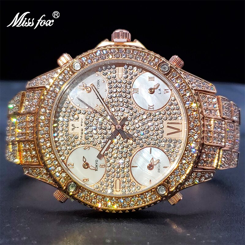 MISSFOX Big Watch Men Cuban Luxury 18k Gold Men's Watches With Wide Strap Multiple Time Zone Waterproof Relojes Marcas Famosas