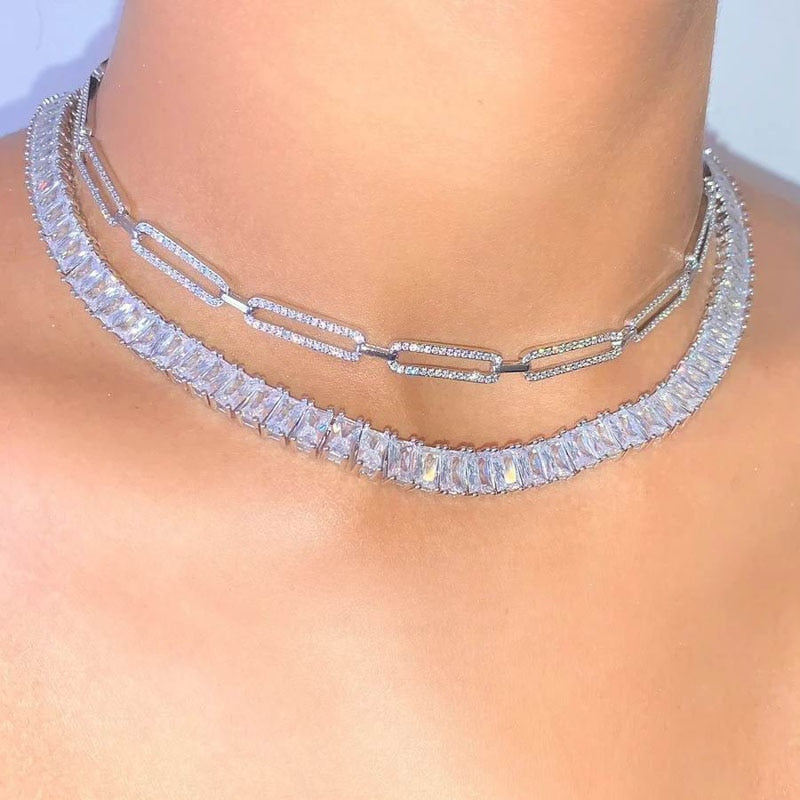 New Iced Out Bling Micro Pave Cz Rectangle Open Link Chain Choker Necklace For Women Gold Rock Hiphop Curb Cuban Chain Necklace