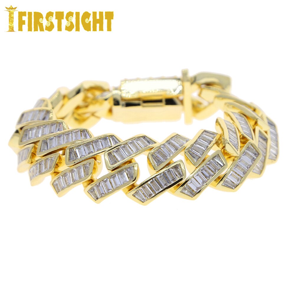 Silver Color Iced Out Bling CZ Men Women Bracelet 19mm Baguette Prong Cuban Link Bracelets Jewelry Hip Hop Rock Fashion Jewelry