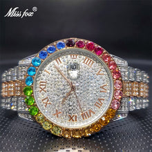 Load image into Gallery viewer, 18K Gold RelojHombre MISSFOX Rainbow Bezel Ice Out Diamond Fashion Couple Watch Calendar Waterproof Quartz Watches Droshipping
