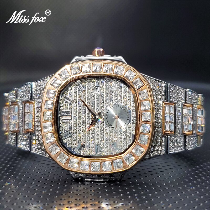 Men&#39;s Diamond Watch with Double Dial MISSFOX Classic Square Ice Out Large Men Wristwatch Waterproof Wholesale Froze Bijoux Homme