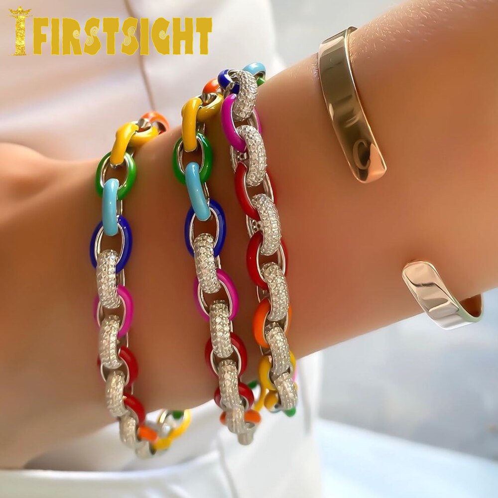8MM Colorful Rhinestonel Miami Dripping Oil link Chain Bracelet Women Jewelry Hip Hop Thick Silver Color CZ Cuban Link Bracelets