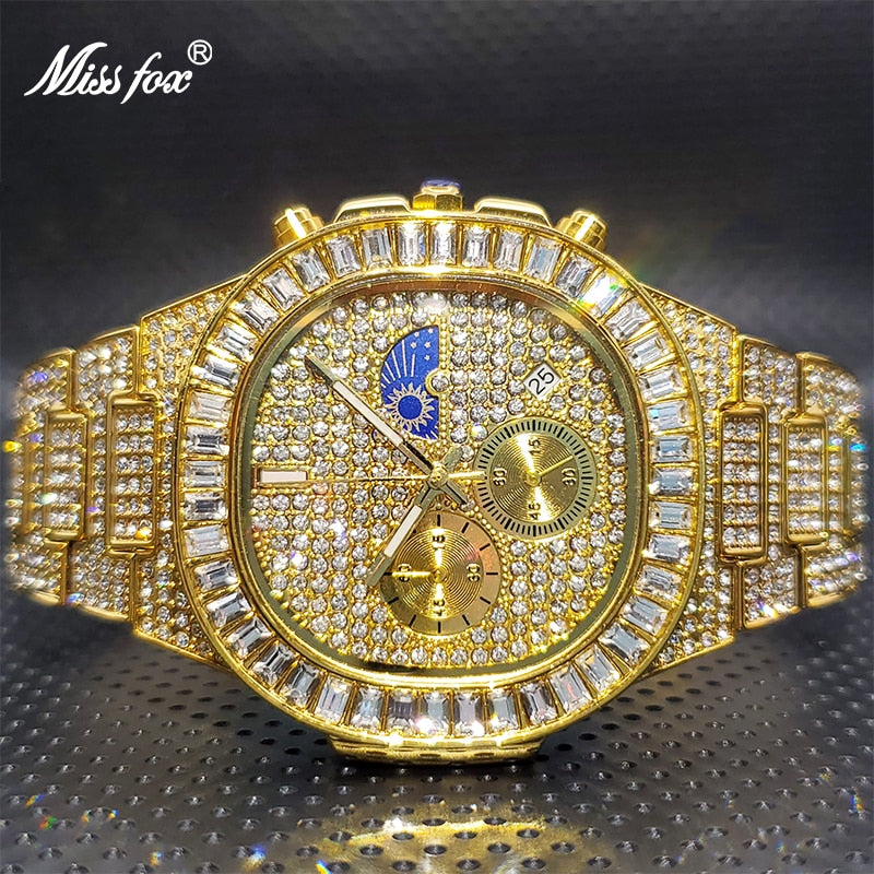 Men&#39;s Chronographs Watch 2021 Luxury Black MISSFOX Ice Out Bling Stone Jewelry Watches for Man Relogios Atacado Com Frete Gratis