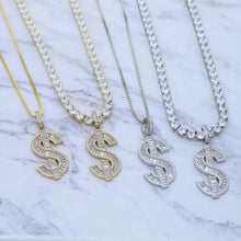 Load image into Gallery viewer, New Solid Dollar Letter Pendant Necklace Men Women 5mm Tennis Chain Hip Hop Punk Jewelry Gold Silver Color Choker
