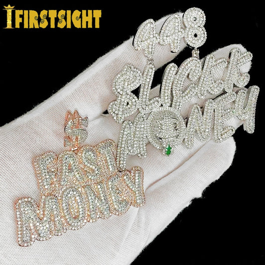 New Iced Out Bling Letters Fast Money Pendant Necklaces Gold Color AAA Zircon Dollar Symbol Charm Men&#39;s Hip Hop Jewelry