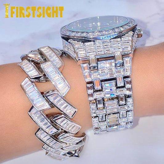 Silver Color Iced Out Bling CZ Men Women Bracelet 19mm Baguette Prong Cuban Link Bracelets Jewelry Hip Hop Rock Fashion Jewelry