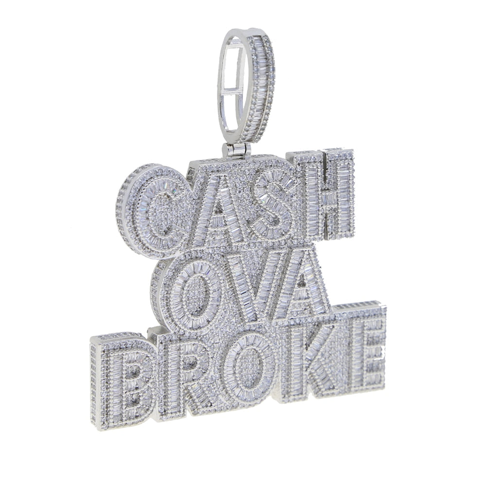 New Cash Ova Broke Pendant Necklace Hiphop Rock Iced Out Bling 5A Zircon Silver Color Cz Tennis Chain Letter Charm Men Jewelry