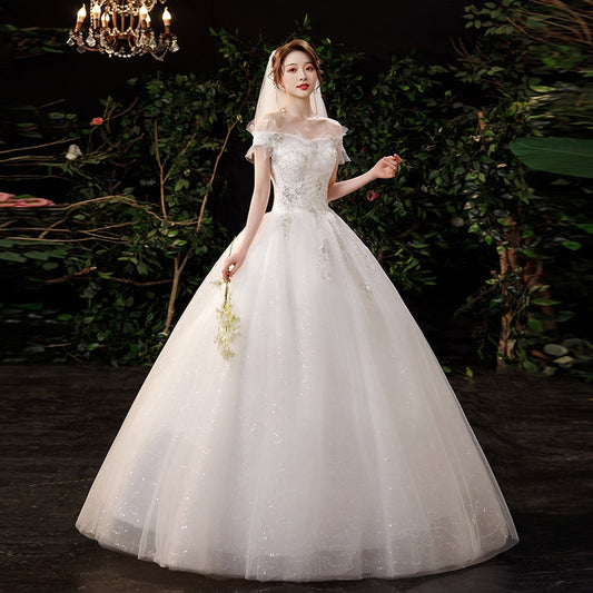Boat Neck Wedding Dress Shining Sequins Wedding Gown