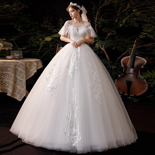 Short Sleeve Lace Wedding Dresses Luxury Bridal Lace Up Ball Gown