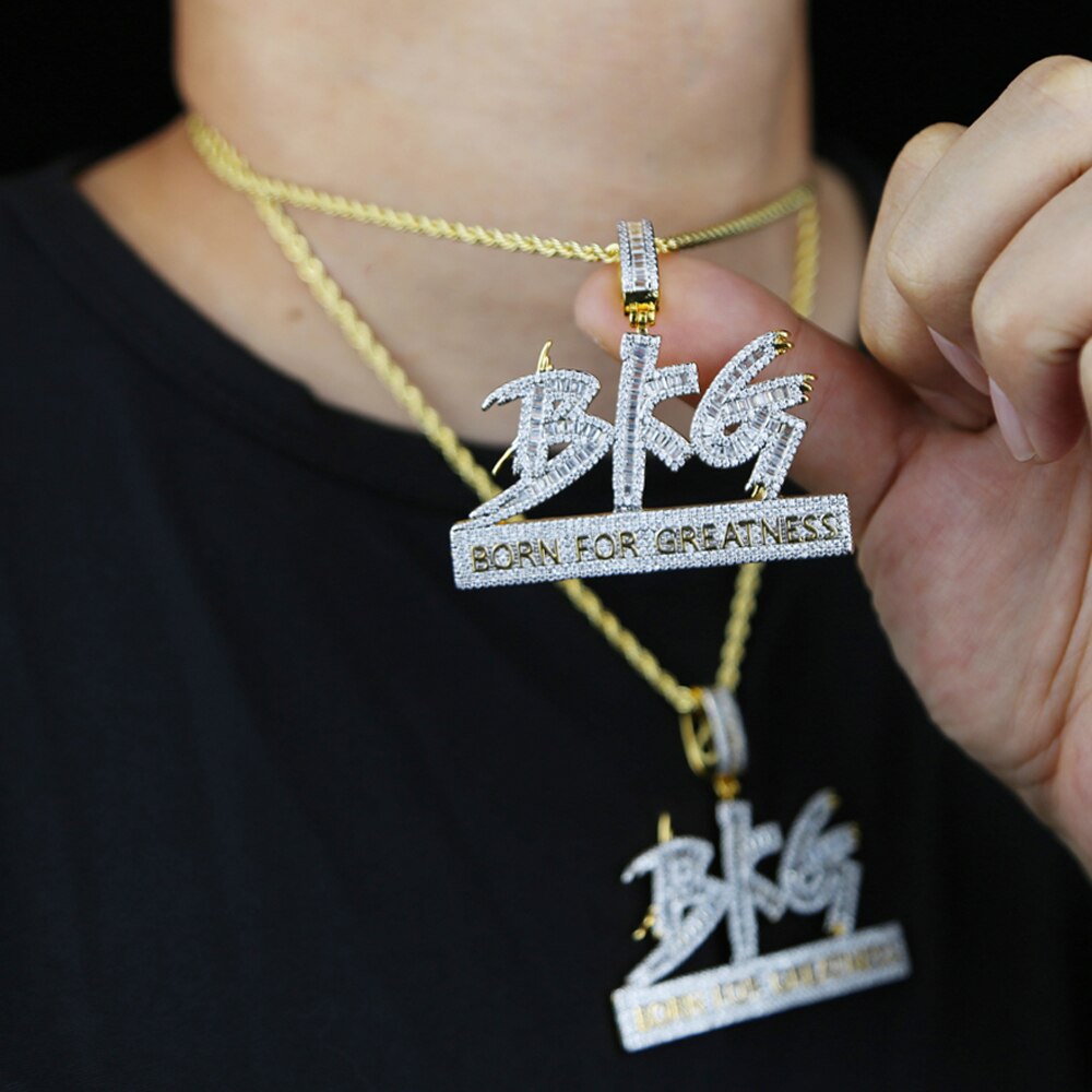 Two Tone Color Bling Letters BFG Pendant Necklace 5A Zircon Born For Greatness Charm Necklaces Men&#39;s Hip Hop Jewelry