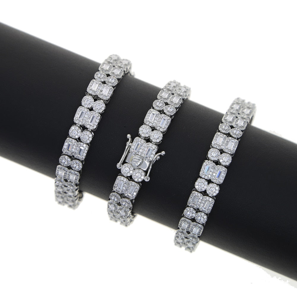 New 10mm Personality Baguette Bracelet  2 Row Silver Color Iced Out Cubic Zirconia Bling Miami Cuban Hip Hop Women Men Jewelry
