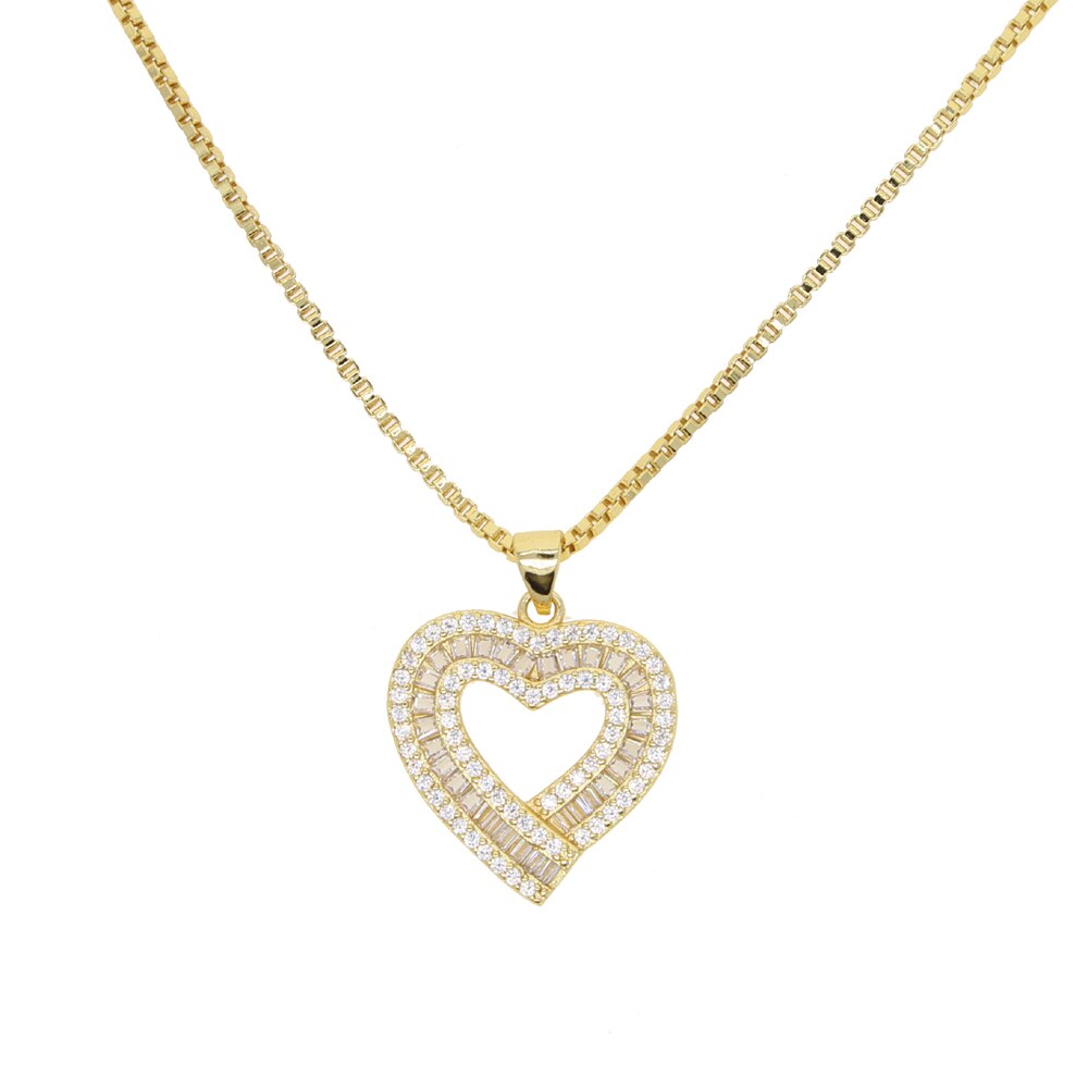New Bling Iced Out Hollow Love Heart Pendant Necklace Baguette AAA Zircon Lovely Heart Choker For Women Fashion Hip hop Jewelry