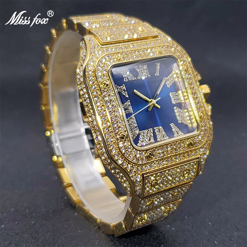 MISSFOX Gold Watch Men Fashion Luxury Design Royal  Blue Dial Couple Square Watches Hip Hop High Quality Timepieces Dropshipping