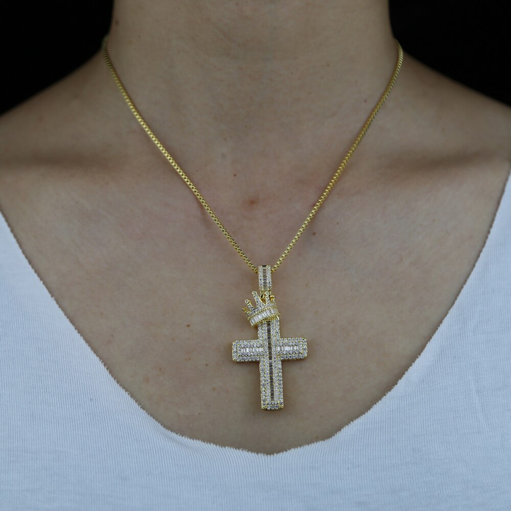 Gold Silver CZ Crown Cross Pendant Necklace For Women Hip Hop Party Jewelry Bling Cubic Zirconia Cross Charm Choker