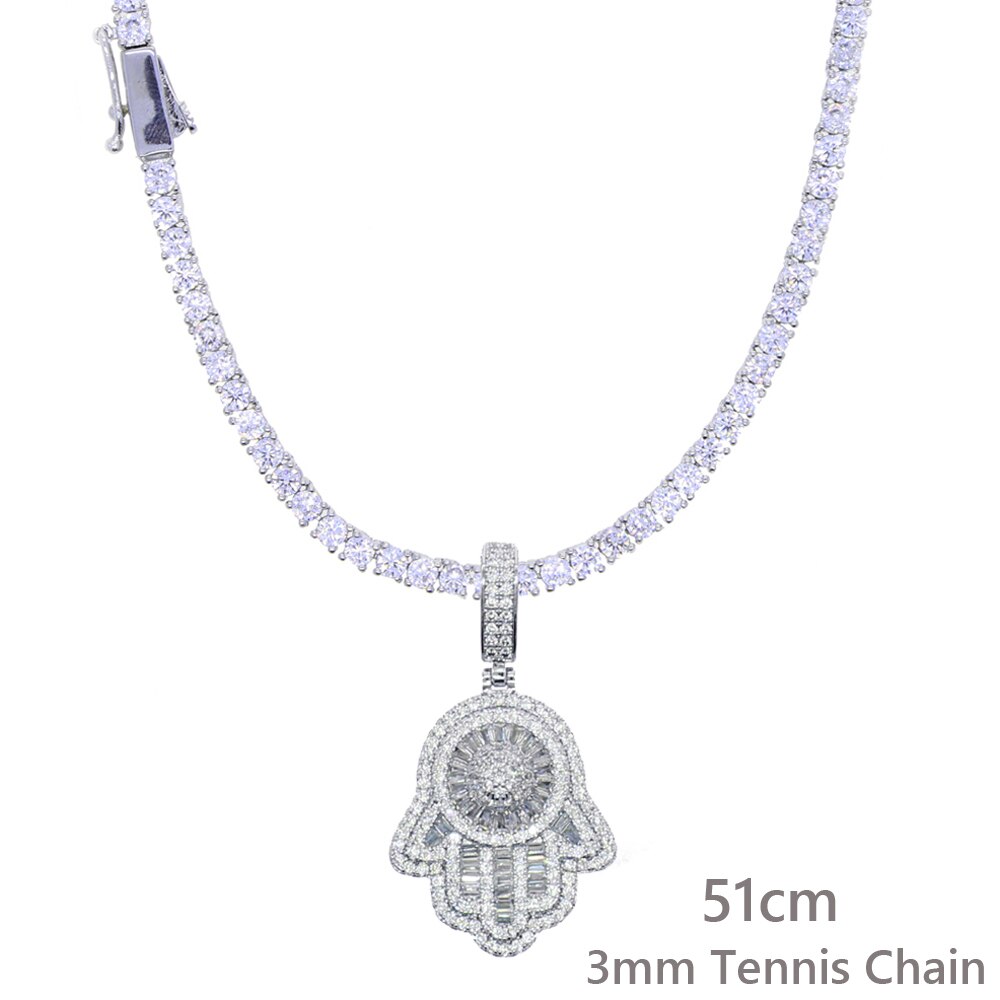 Eyes Of The Angel Of Fatima Pendant Necklace 3mm Tennis Chain Hip Hop Full Iced Out Cubic Zirconia Sliver Color CZ Stone Choker