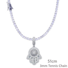Load image into Gallery viewer, Eyes Of The Angel Of Fatima Pendant Necklace 3mm Tennis Chain Hip Hop Full Iced Out Cubic Zirconia Sliver Color CZ Stone Choker
