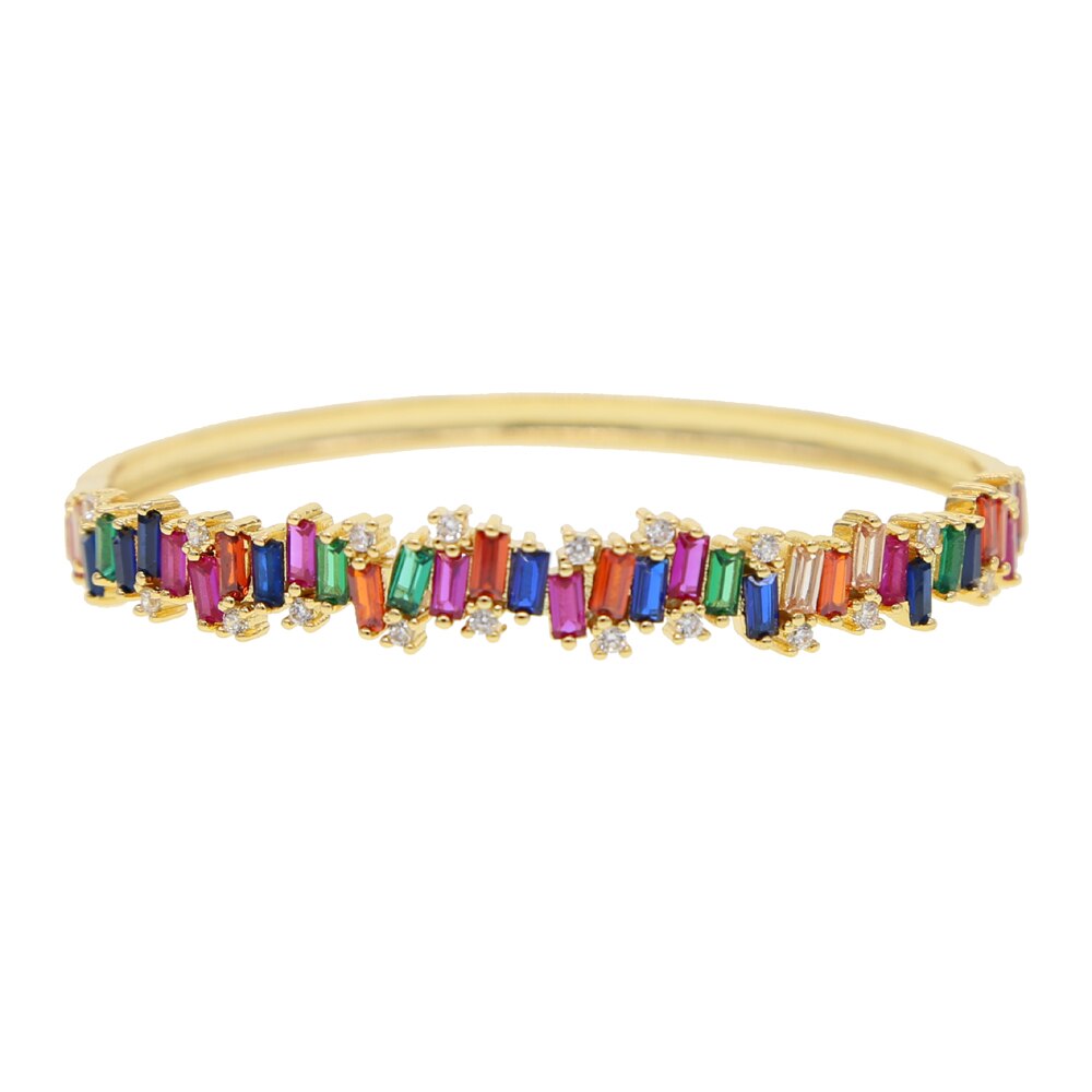 New Gold Color Inner 56-58mm Diamater Rainbow Baguette Firework Cz Women Lady Gorgeous Luxury Bangle Bracelet