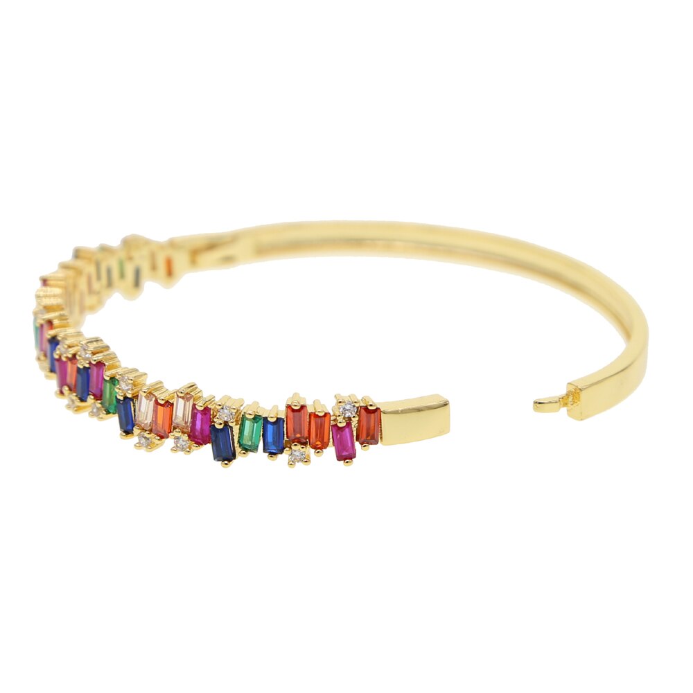 New Gold Color Inner 56-58mm Diamater Rainbow Baguette Firework Cz Women Lady Gorgeous Luxury Bangle Bracelet