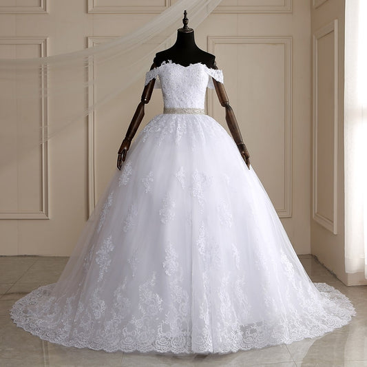 Long Train Ball Gown Belted Bridal Dress Off Shoulder