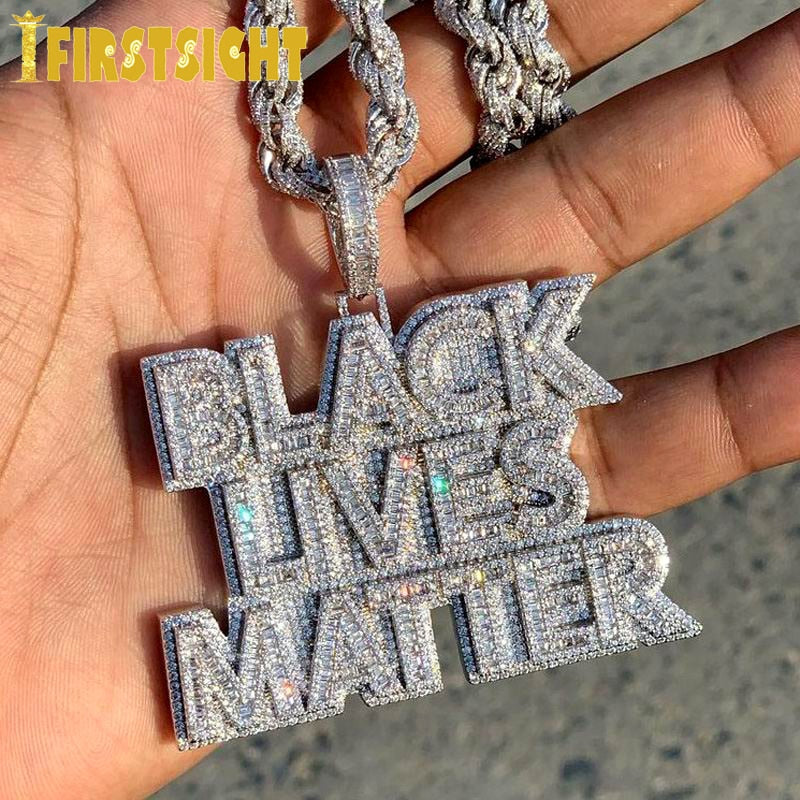 Iced Out Bling CZ Letter Black Lives Matter Pendant Necklace Two Tone Collor Cubic Zirconia Letters Charm Men Hip Hop Jewelry