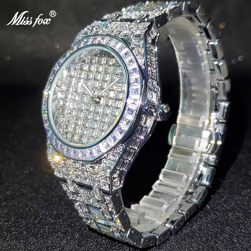Montre Homme Luxe MISSFOX Luxury Baguette Designer Men&amp;#39;s Watch With Wide Strap Royal Diamond Dropshipping Hand Clock For Men