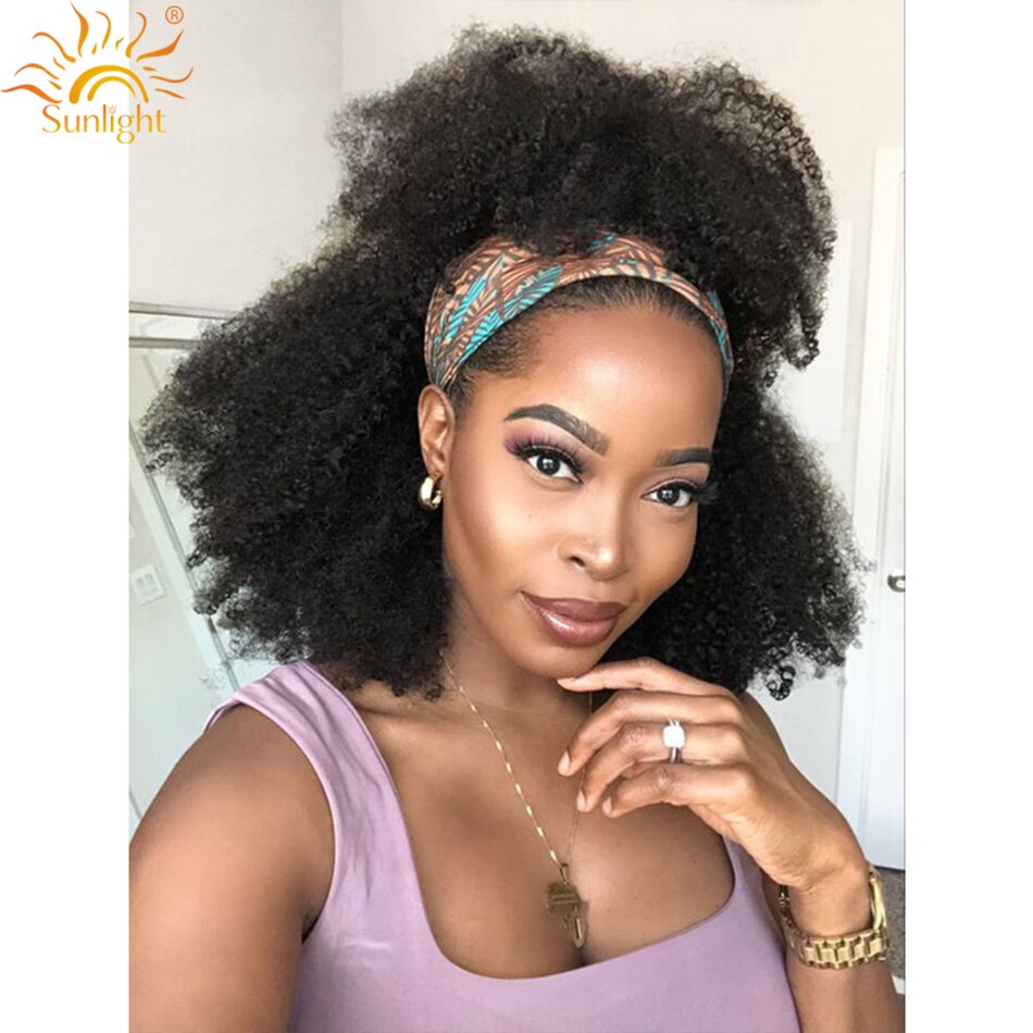 Afro Kinky Curly Human Hair Headband Wig Mongolian150% Density Full Machine Made Scarf  Wigs Easy to Install Wig For Black Women