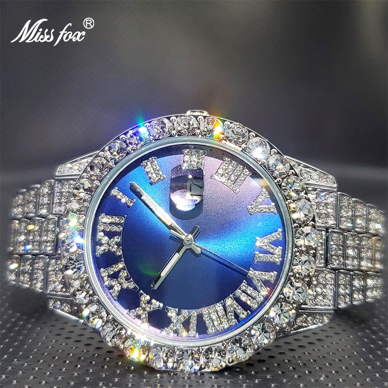 MISSFOX Men Watch Luxury Brand 18k Gold Royal Blue Dial Super Bling Bling Diamond Business Calendar Quartz Watches Wholesale