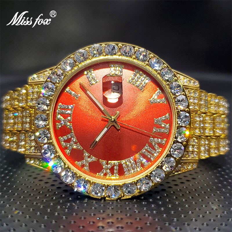 18K Gold Men Watch with Green Dial Big Diamond Bezel Luxury Business Hip Hop Trend Couple Quartz Watches Calendar Dropshipping