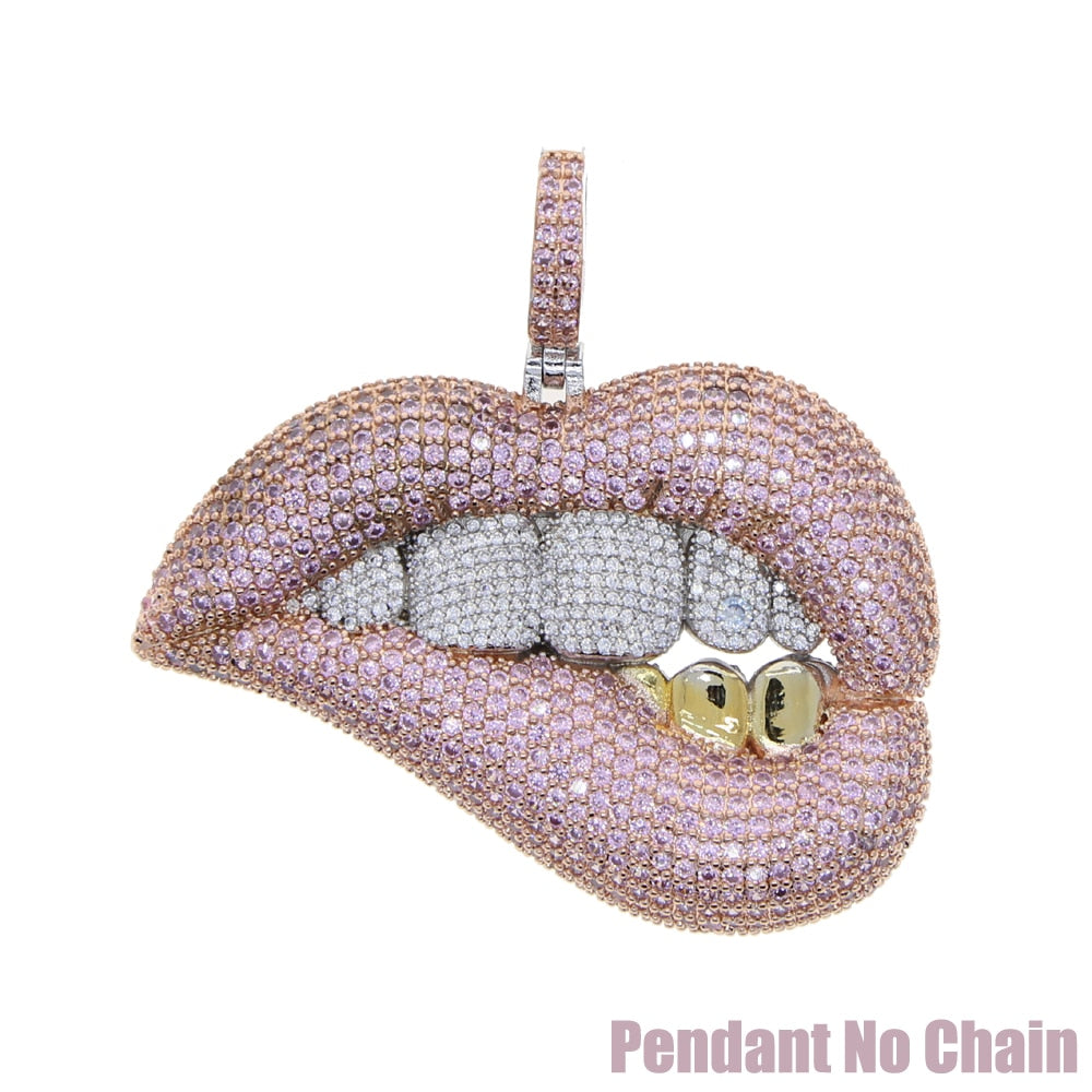 Tone Color Micro Pave Pink Cubic Zirconia Drip Lip Pendant Necklace Iced Out Bling 5mm CZ Tennis Chain For Women Hiphop Jewelry