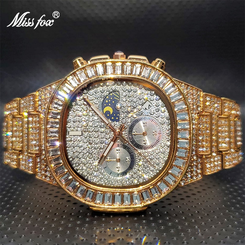 Men's Chronographs Watch 2021 Luxury Black MISSFOX Ice Out Bling Stone Jewelry Watches for Man Relogios Atacado Com Frete Gratis