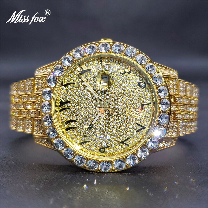 MISSFOX Luxury Designers Gold Plated Watches For Men Hip Hop Street Style Diamond Bling Watch With Box Waterproof Dropshipping