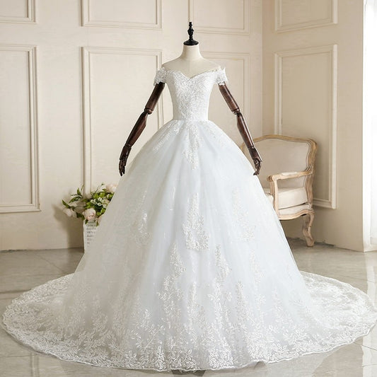 Boat Neck Lace 1m Train Lace Up Bridal Ball Gown