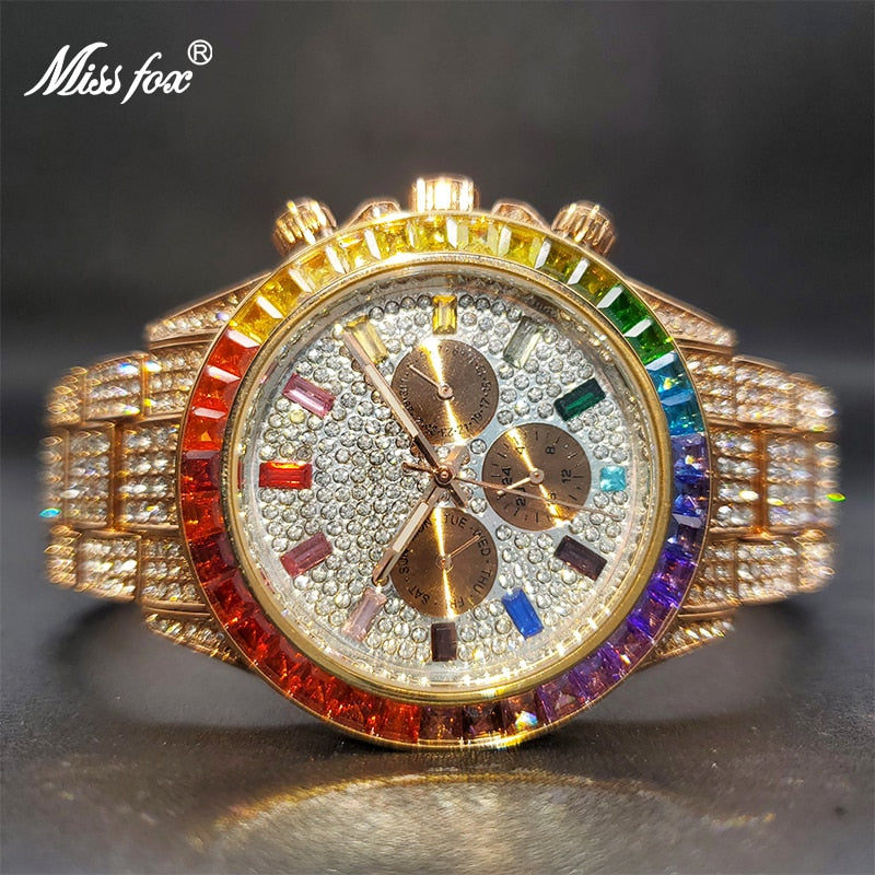 Gold Watch For Men MISSFOX Rainbow Baugette Classic Stylish Quartz Wristwatches With Calendar Diamond Timepiece Dropshipping