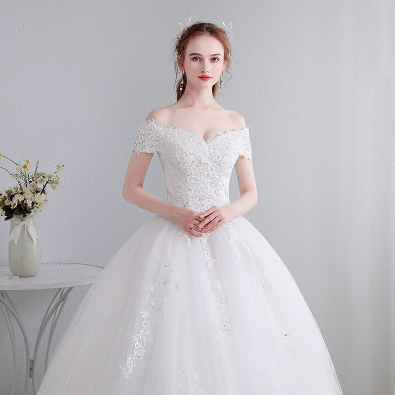 2023 Prinecess Wedding Dresses Off The Shoulder Lace Wedding Gown Lace Up Ball Gown Bridal Dress