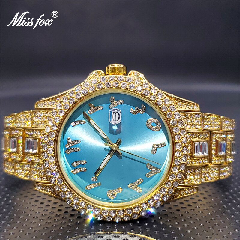 Couple Luxury Diamond Watches For Men MISSFOX Unique Ice Blue Styless Arabic Number Waterpoof Quartz Watches For Women Male New