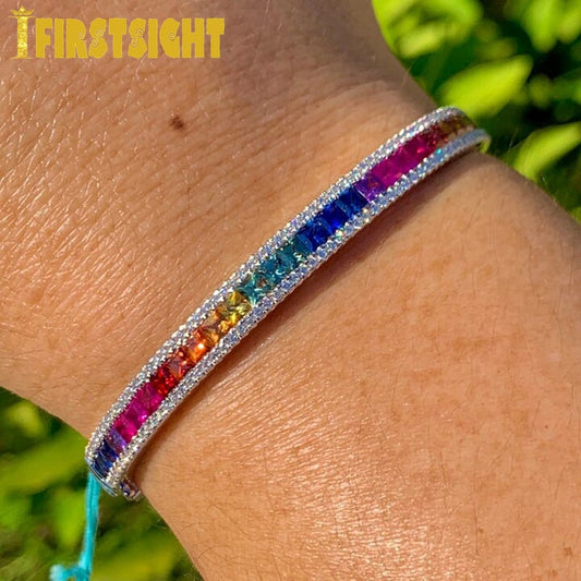 Iced Out Bling Fine Delicate Bracelet Gold Color Rainbow Gradual Bar Baguette CZ Spectacular Open Cuff Bangle Women Jewelry