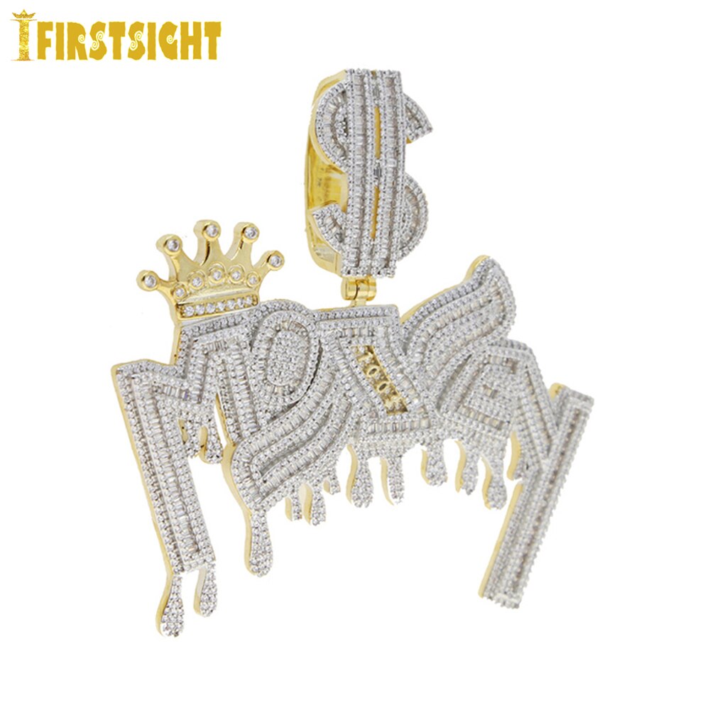 New Iced Out Bling Crown Letters Money Pendant Necklace Two Tone Color CZ Zircon Dollar Symbol Necklaces Men's Hip Hop Jewelry